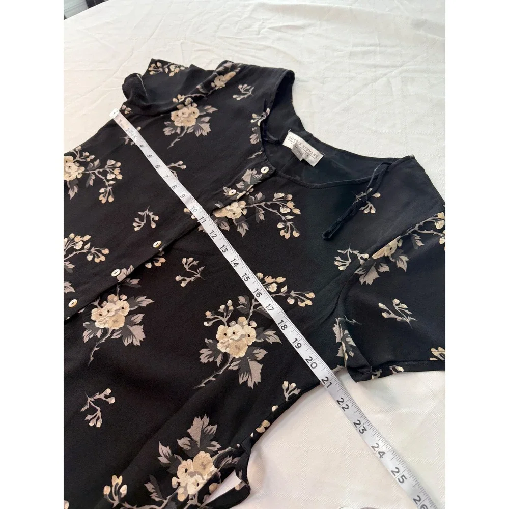 Vintage 90s Valerie Stevens Pure Silk Black Floral Mini Dress Button Front 8 - Picture 6 of 8